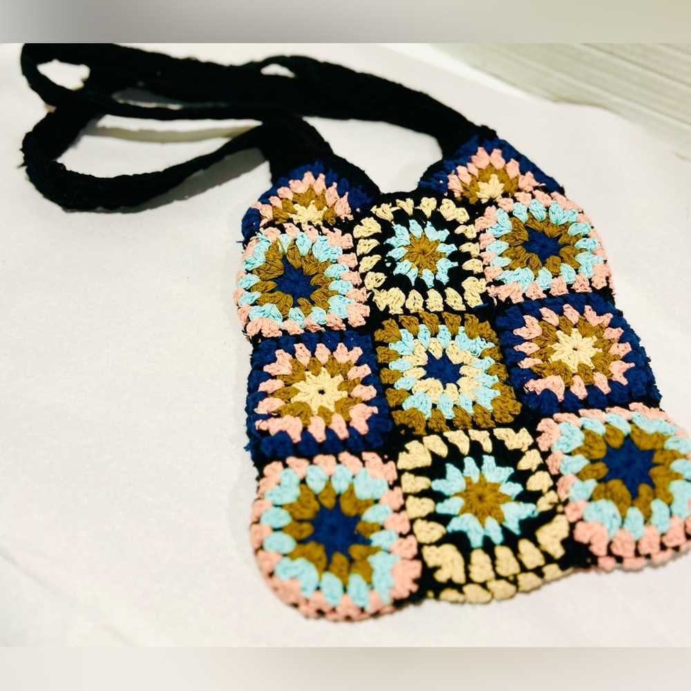 Vintage boho crochet granny square hobo bag crossbody purse